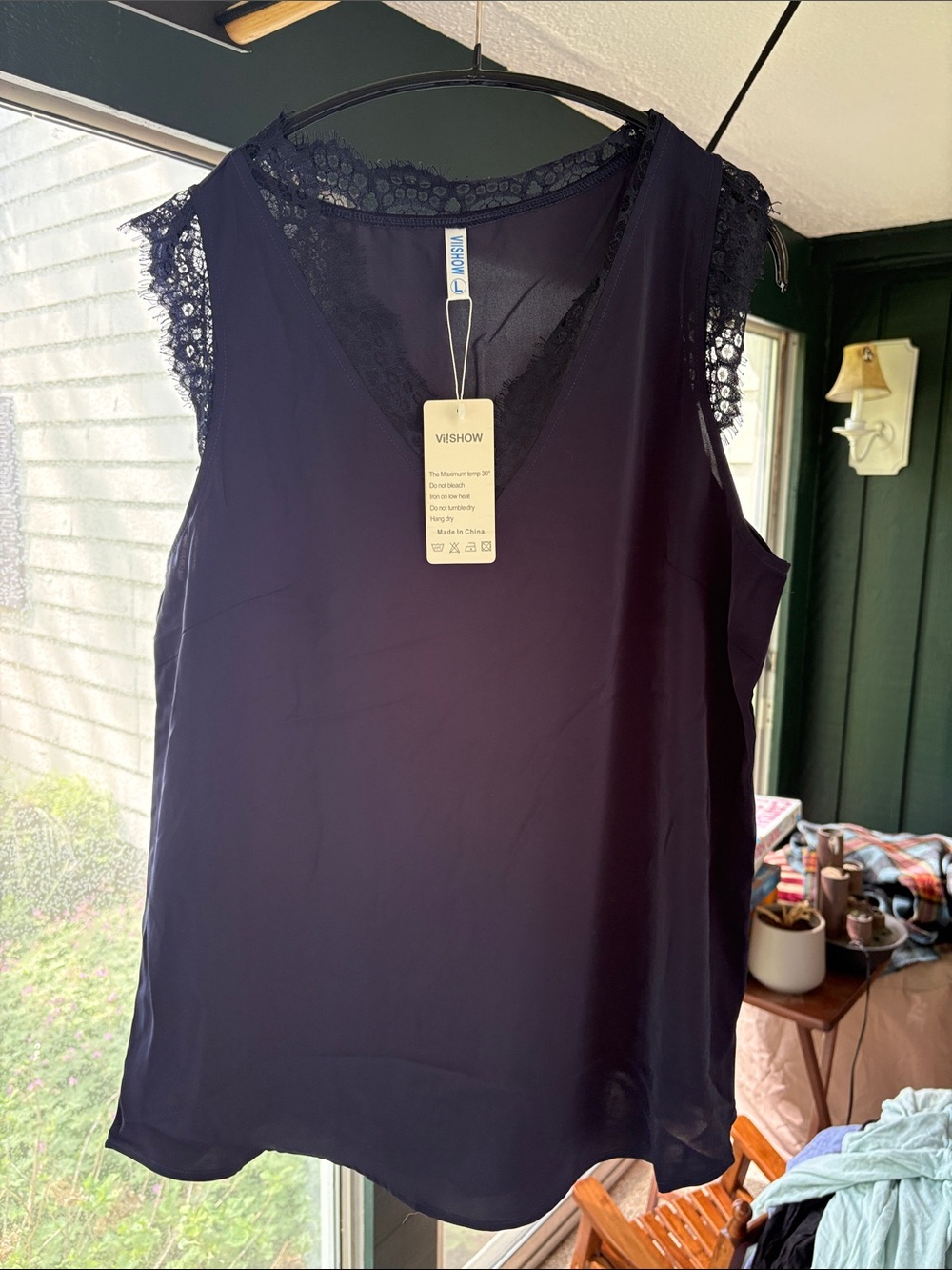 Vishow Navy Lace-Trim V-Neck Tank
